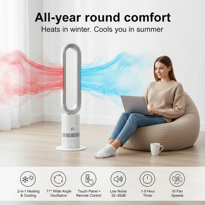 Bladeless Fan Heater NZ – 2-In-1 Hot & Cool Tower Fan | ClimateMaster | Silver/White