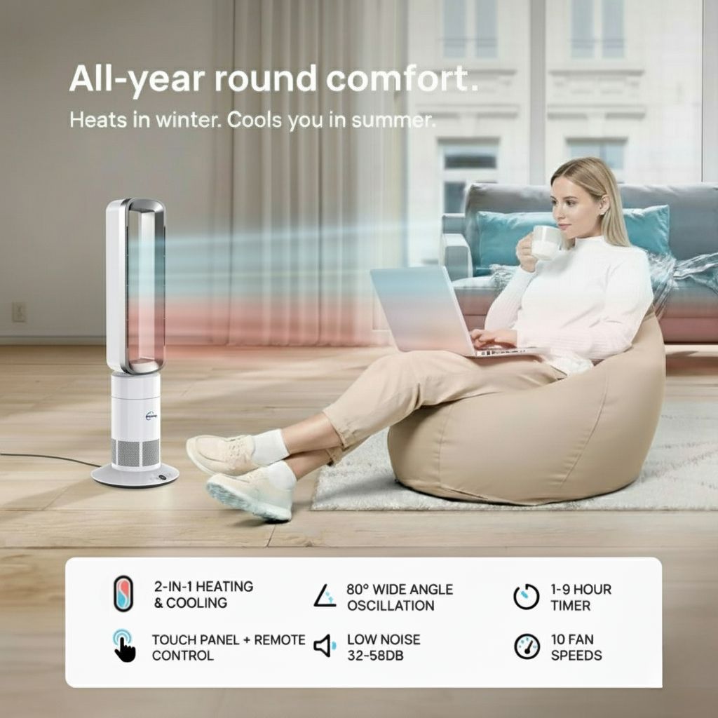 Bladeless Heating and Cooling Tower Fan Heater – Energy Efficient | FusionAir | Silver/White