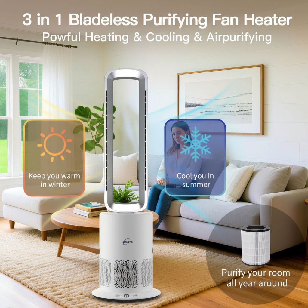 3 in 1 Hot & Cool Bladeless Fan Heater with Air Purifier | PureAir | Silver/White