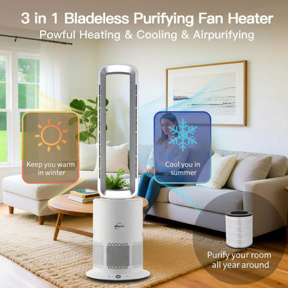 3 in 1 Hot & Cool Bladeless Fan Heater with Air Purifier | PureAir | Silver/White