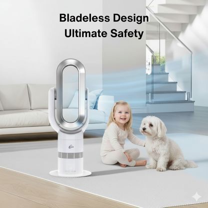 Hot and Cool Bladeless Fan - 2-in-1 Tower Heater for Bedroom | ThermalFlow | Silver/White