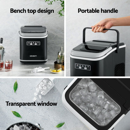 Devanti Ice Maker Machine Portable 12kg Countertop w/Self Cleaning 1.3L Black