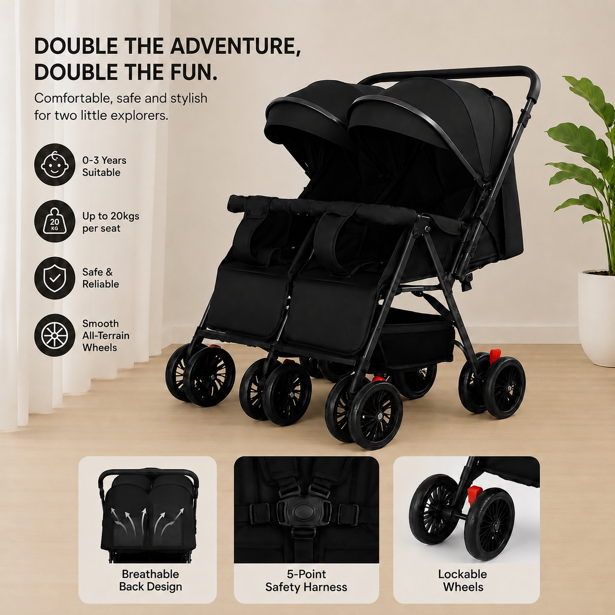 Preorder - TwinGo Black 2-Way Folding Compact Double / Twin Stroller + Rain Cover