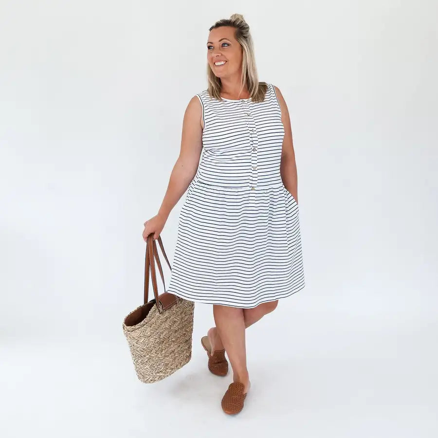 Milkbar Breastfeeding Billie Dress | White/Navy Stripe - Babyonline