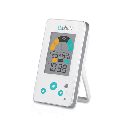Digital thermometer with humidity and temperature display on a white background