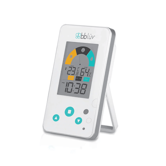 Digital thermometer with humidity and temperature display on a white background