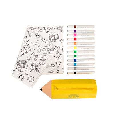 Coloring mat with space-themed illustrations, colored pencils, and a yellow pencil sharpener on a white background.