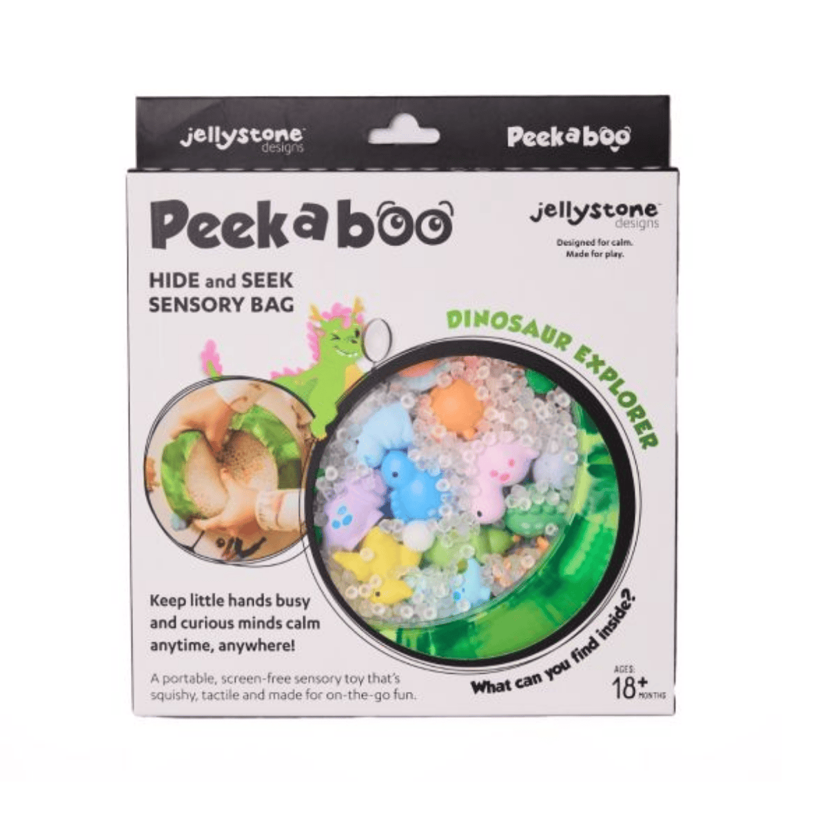 PeekaBoo sensory bag packaging with dinosaur explorer theme