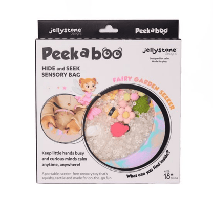 Packaging of a Peekaboo hide and seek sensory bag with images of a child and fairy garden items.