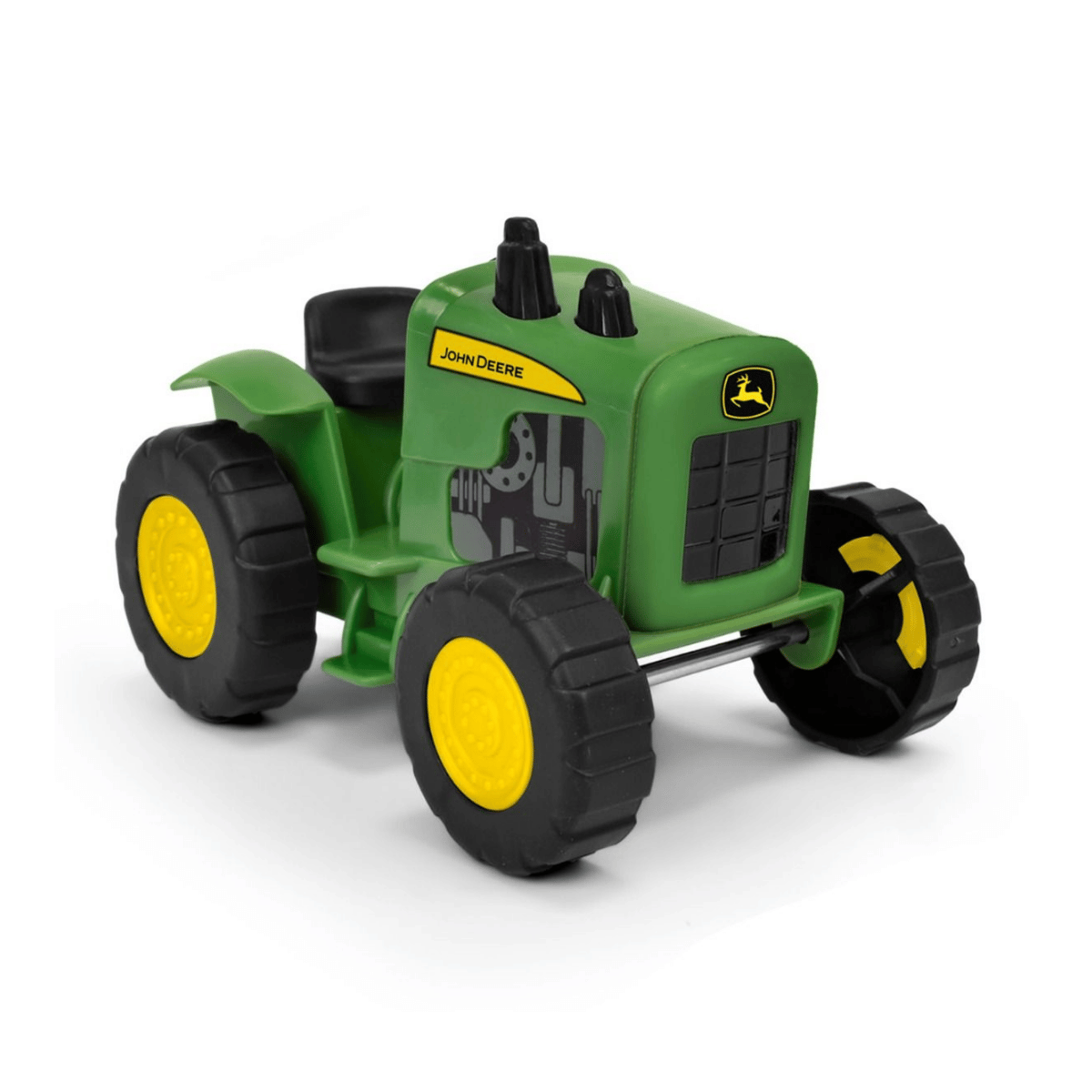Toy tractor with John Deere logo on a white background