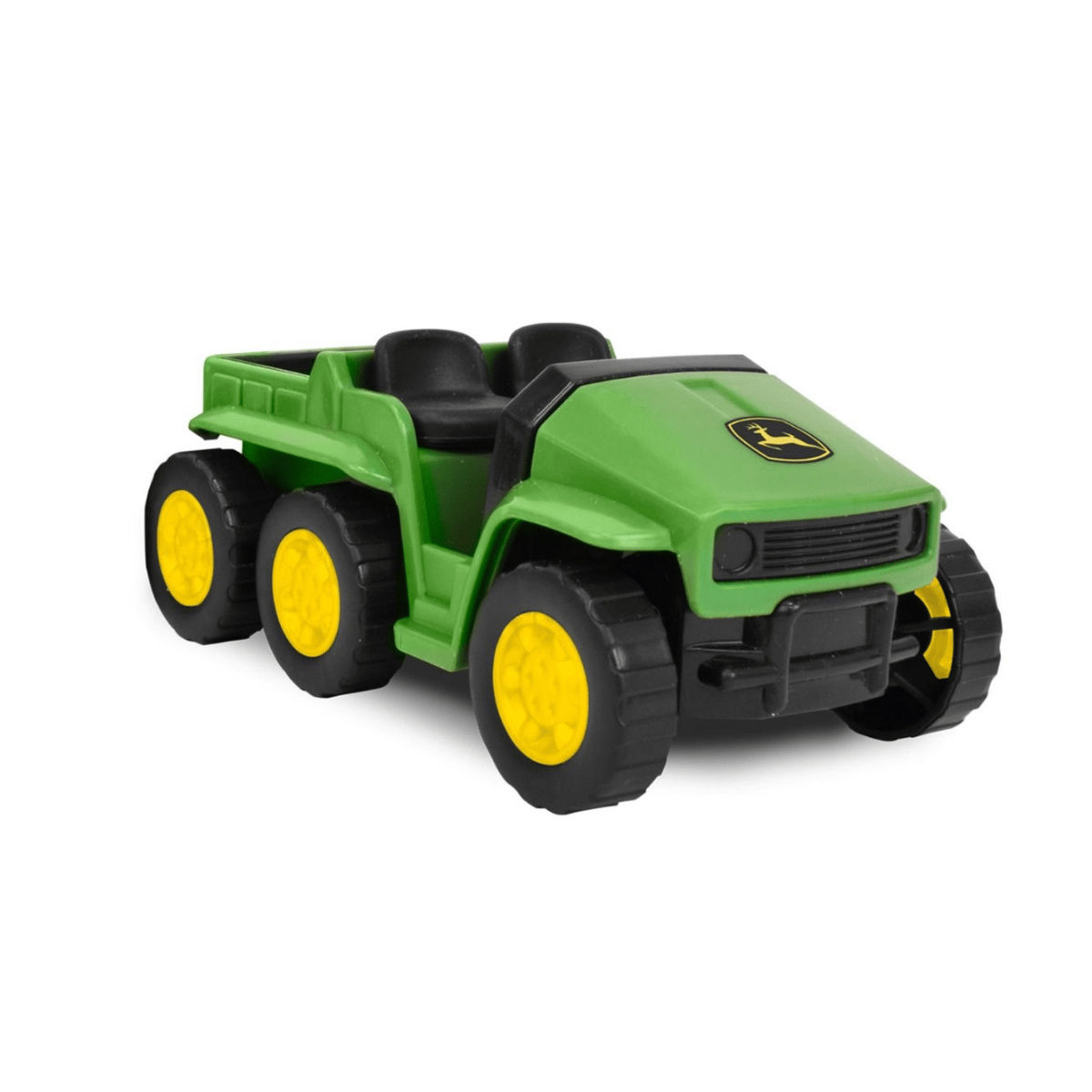 Toy green vehicle with black seats and yellow wheels on a white background