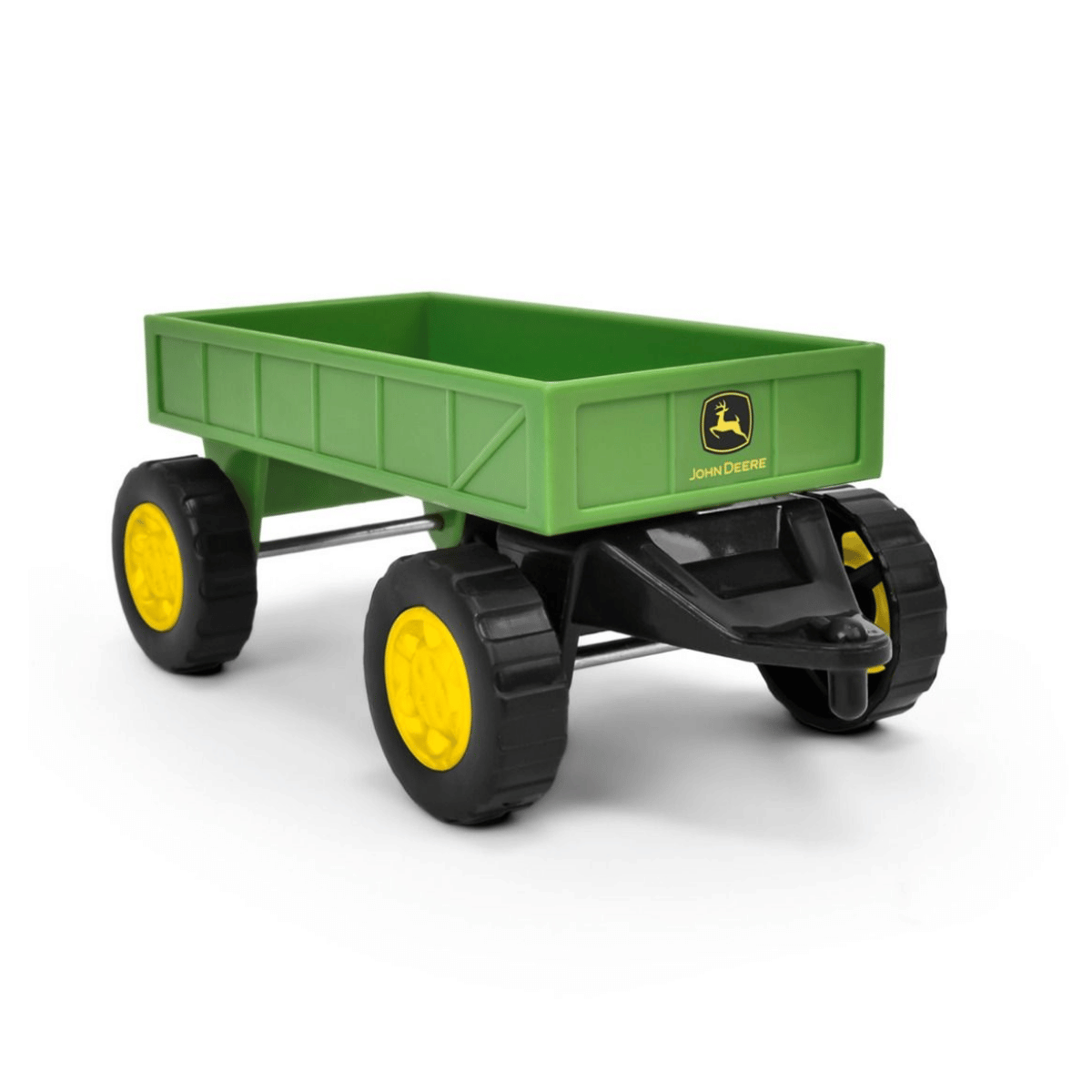 Green toy trailer with black wheels and yellow accents on a white background