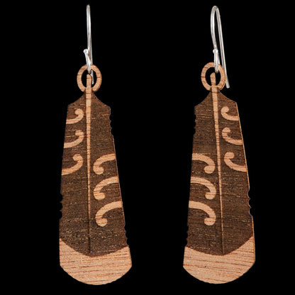Wooden Huia Feather Earrings by Kristal Thompson Small = 40mm Long (1.6 Inches)