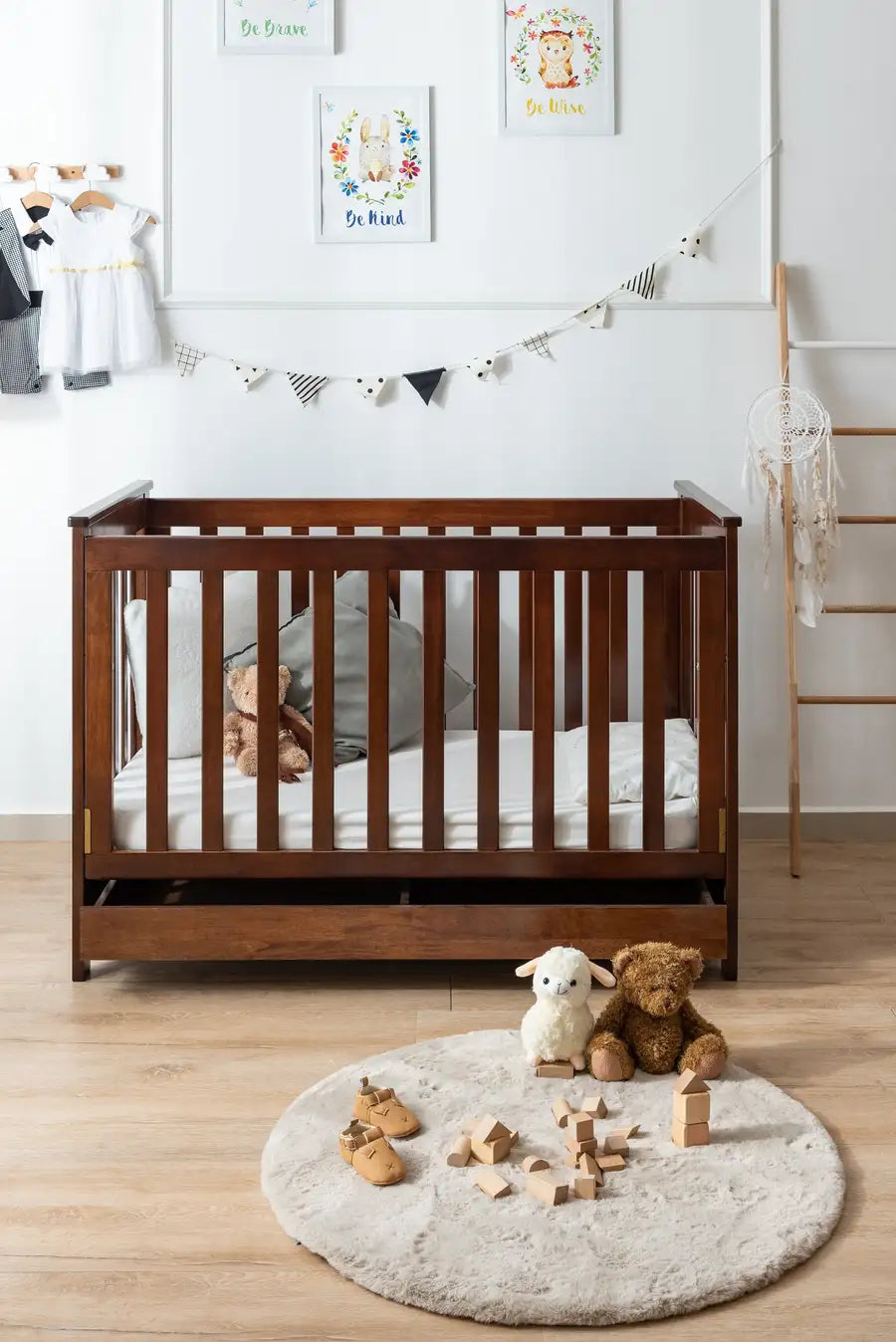 Kapai BETA Wooden Baby Cot Drop Side with Drawer COFFEE - Babyonline
