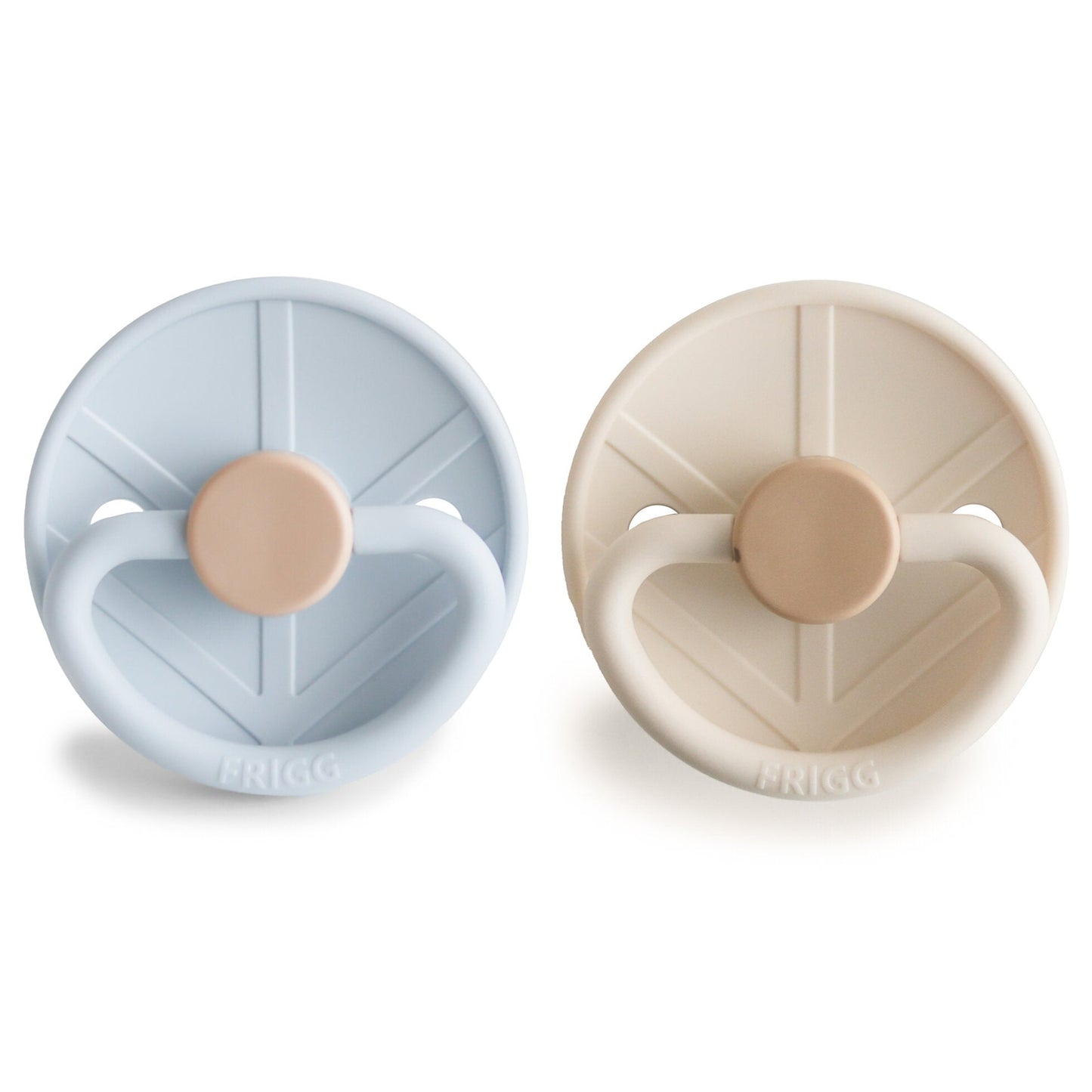 Two silicone pacifiers, one blue and one beige, on a white background