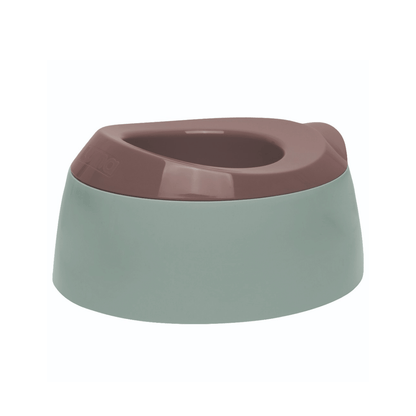 A plastic potty training seat with a dusty rose brown lid and a sage green base, shown on a plain white background.