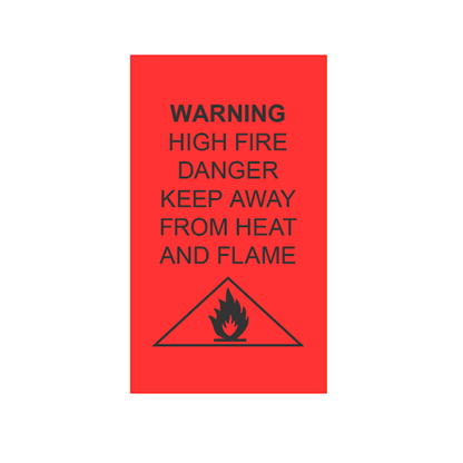 Red warning sign with black text and flame symbol on a white background