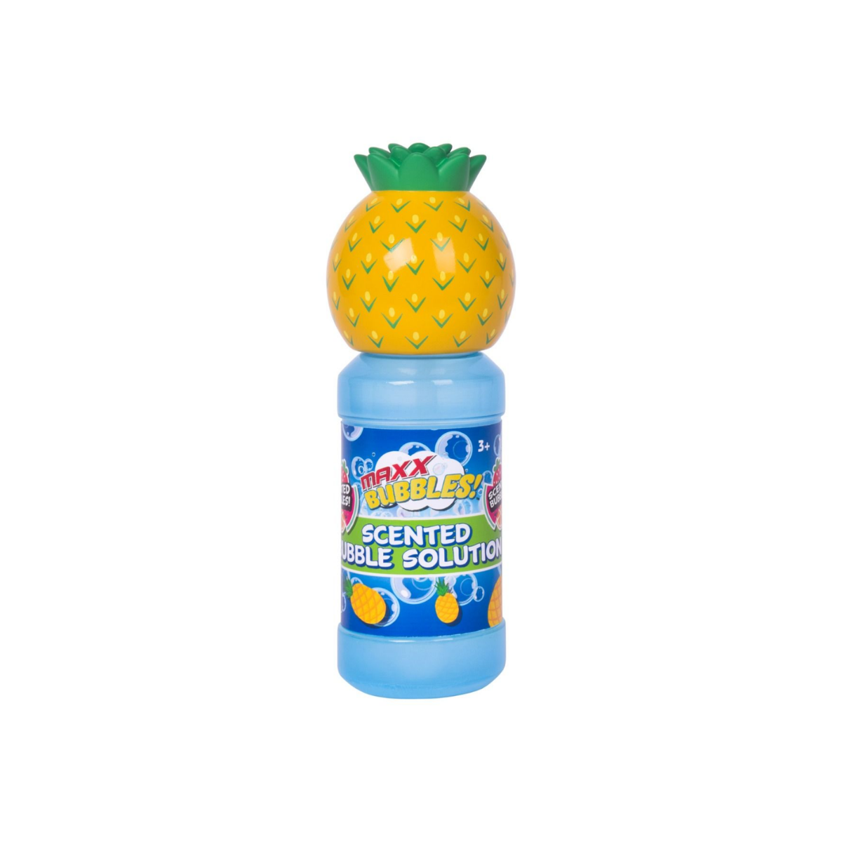 A bottle of Inxx Bubbles Scented Bubble Solution with a yellow pineapple-shaped cap on a white background.