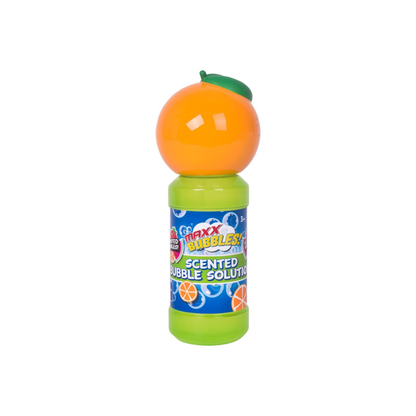 An orange-scented bubble solution bottle with a bright green body, a round orange cap, and a blue label reading 'Gaxx Bubble Scented Bubble Solution'.
