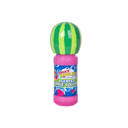 A watermelon-flavored bubble solution bottle by Maxx Bubbles, featuring a green and yellow striped watermelon cap, a pink plastic neck, and a blue label with watermelon graphics.
