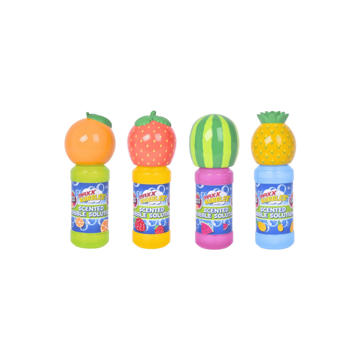 Four mini bubble solutions in a row, shaped like fruit: an orange, a strawberry, a watermelon, and a pineapple, each with a colorful label on a white background.