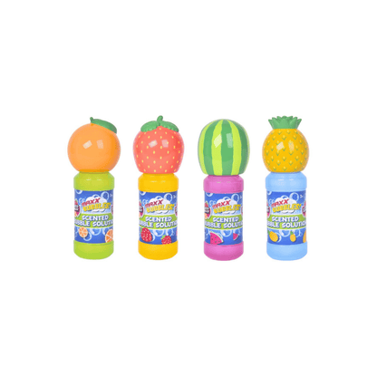 Four mini bubble solutions in a row, shaped like fruit: an orange, a strawberry, a watermelon, and a pineapple, each with a colorful label on a white background.