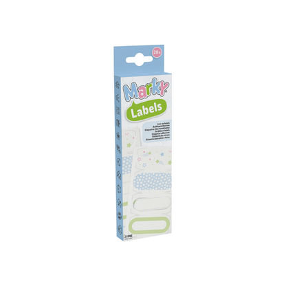 Packaging of Marky labels with colorful design on a white background