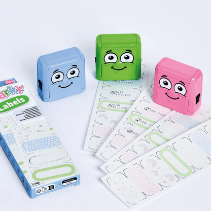 Three colorful label makers with cartoon faces on a white background