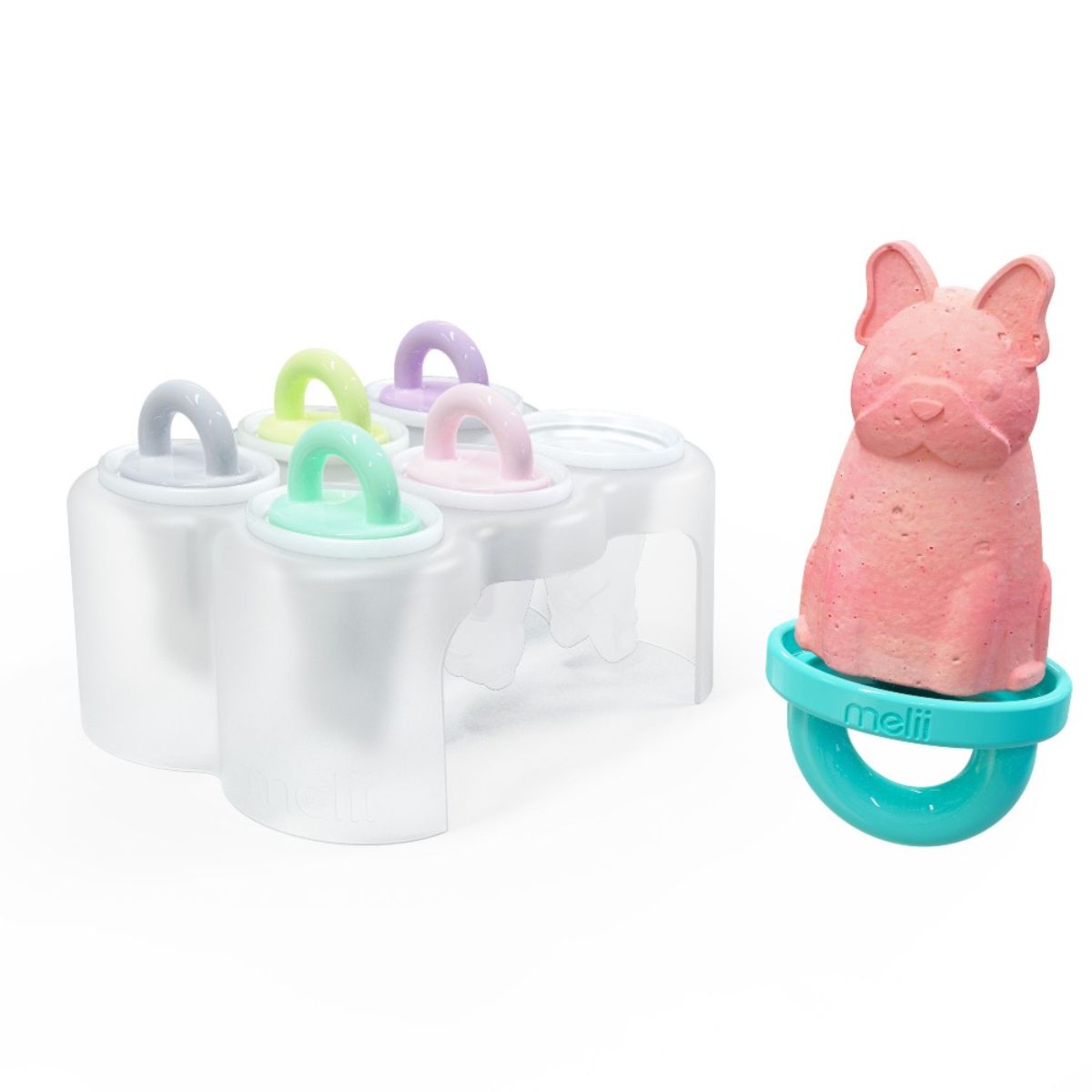 Pink dog-shaped iceblock mould with a blue base next to white moulds with colorful handles on a white background