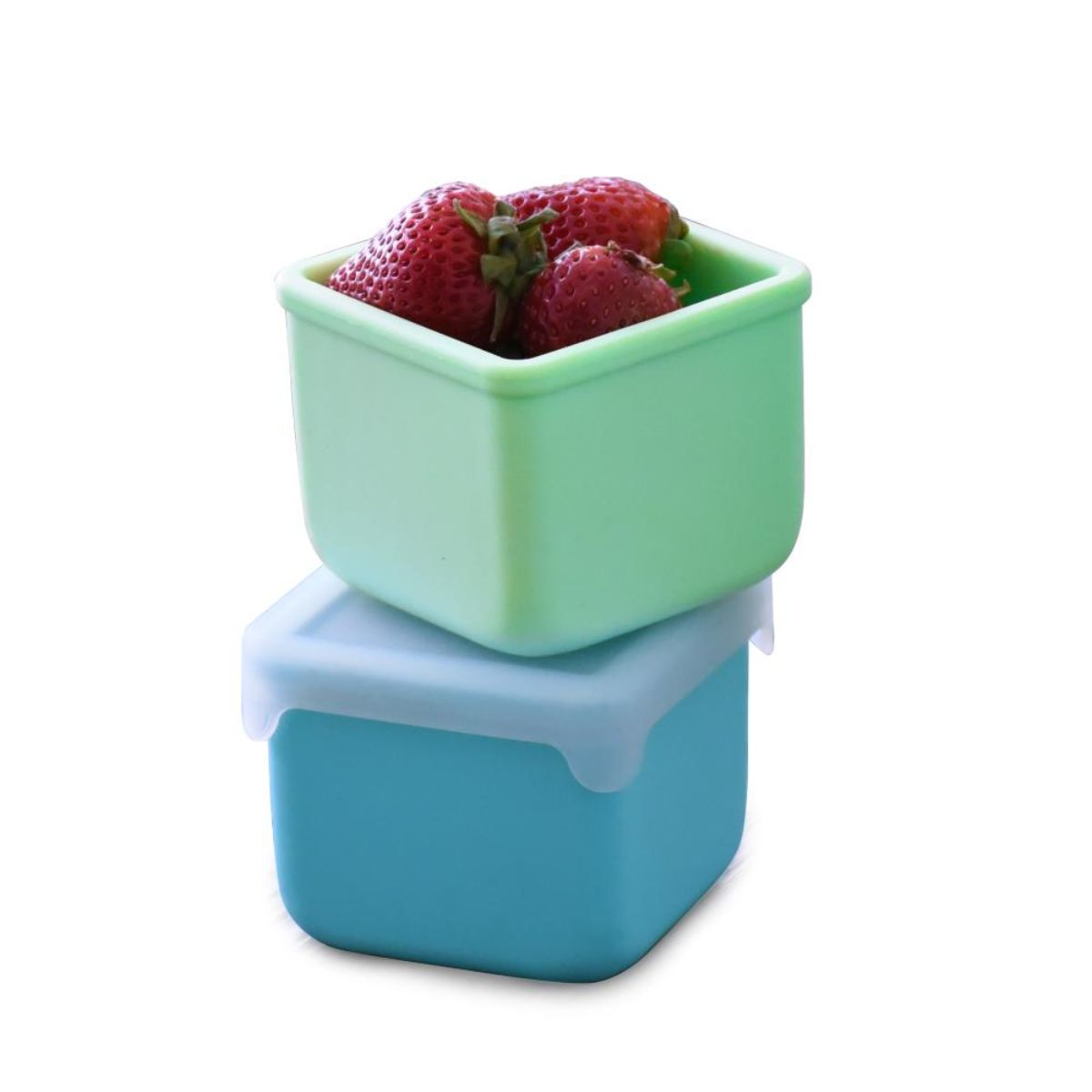 Two stacked square containers, one green and one blue, with strawberries inside on a white background.