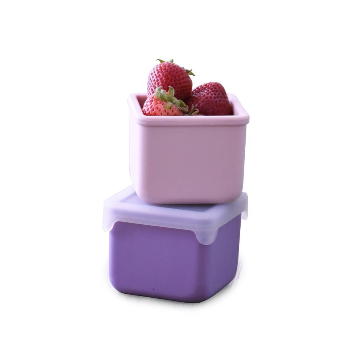 Two stacked purple containers with strawberries on a white background