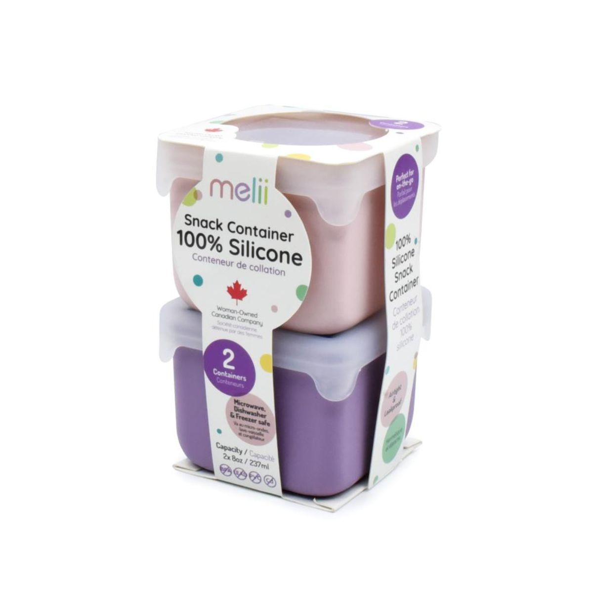 Meli snack containers in packaging on a white background