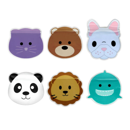 Set of six animal-themed snack bags on a white background
