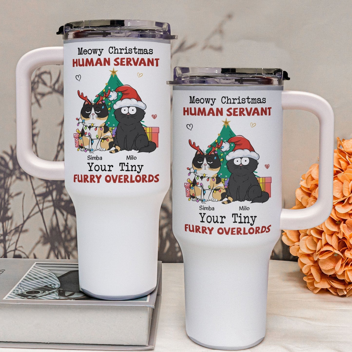Personalized 40oz Tumbler With Straw- Meowy Christmas, Human Servant
