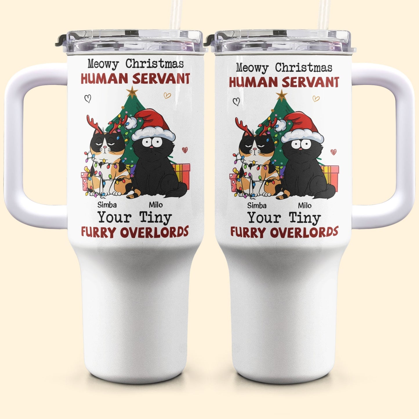 Personalized 40oz Tumbler With Straw- Meowy Christmas, Human Servant