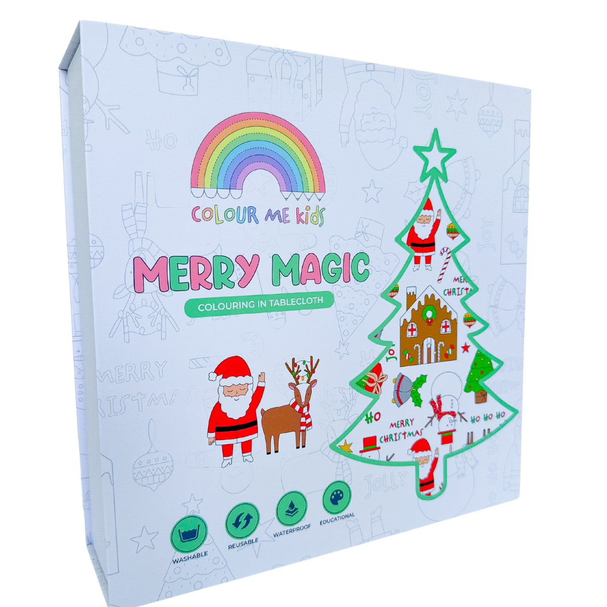 Colour Me Kids Merry Magic colouring in tablecloth packaging with Christmas-themed illustrations.