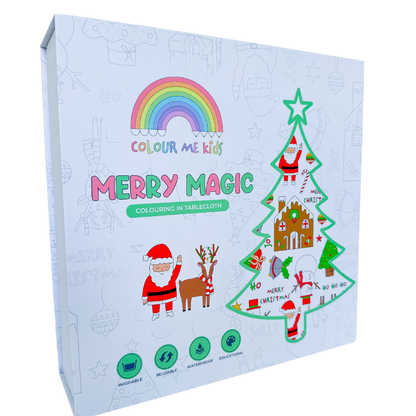 Colour Me Kids Merry Magic colouring in tablecloth packaging with Christmas-themed illustrations.