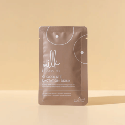 Chocolate lactation drink package from The Milk Collective on a beige background