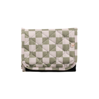 Quilted checkered pouch with green and white pattern on a white background