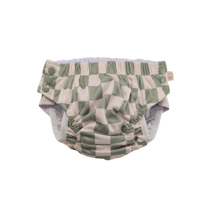 Checkered baby bloomers with ruffle details on a white background