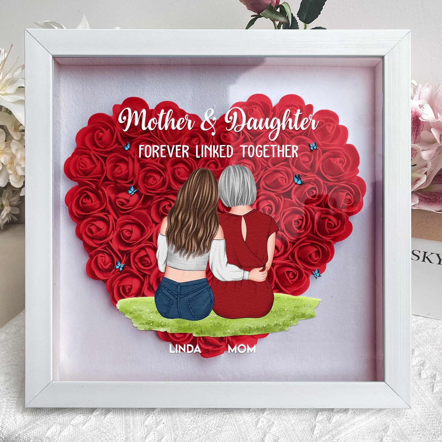 Mother & Daughter Forever Linked Together - Personalized Flower Shadow Box