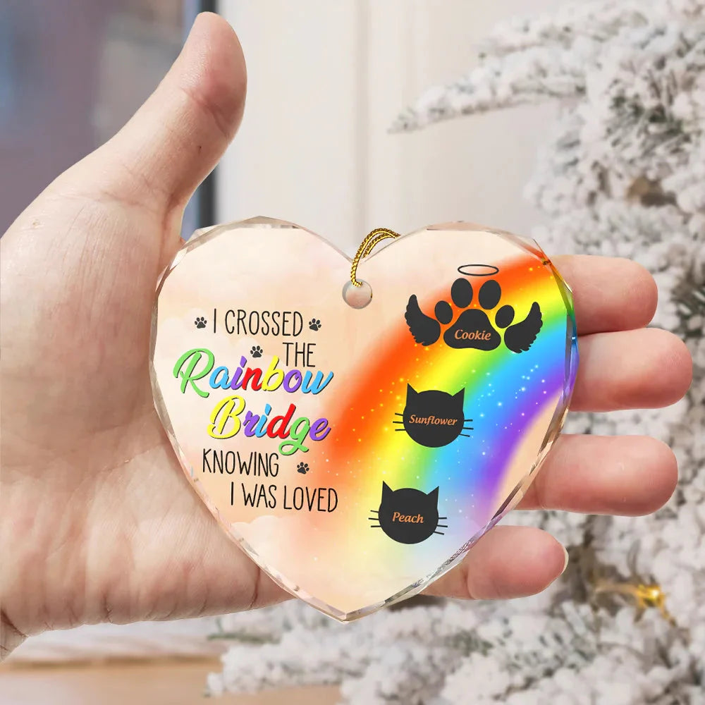 Memorial Dog Cat A Piece Of My Heart Is At The Rainbow Bridge - Personalized Heart Shaped Glass Ornament