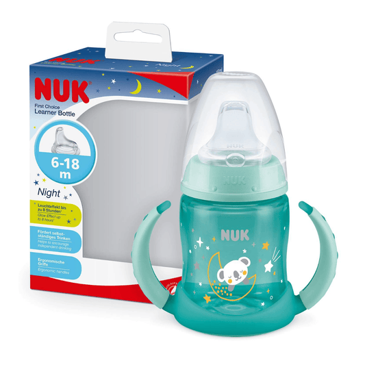 Teal NUK baby bottle with handles and packaging on a white background