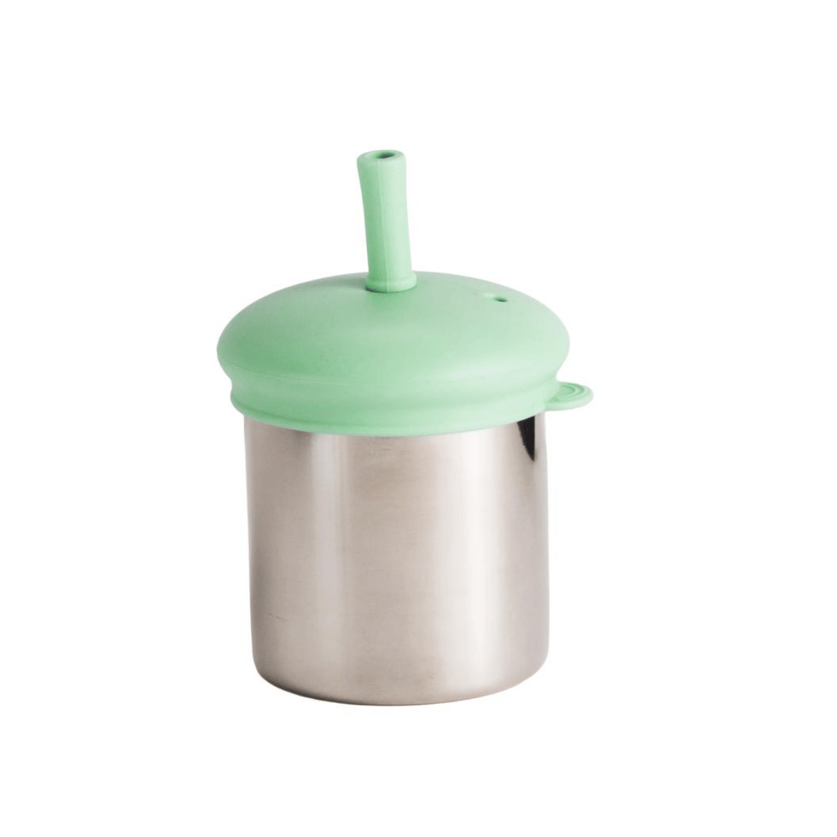 Metallic smoothie container with a green lid on a white background