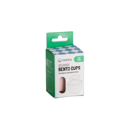 Nestling Silicone Bento Cups in a green and white checkered box, designed for Nestling Bento Box, 70 pieces.