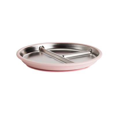 A round pink silicone baby feeding tray with a stainless steel interior and a metal clip, shown on a plain white background.