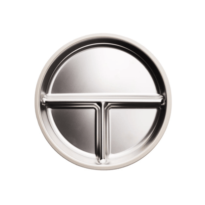 A stainless steel divided plate with suction bottom and colourul silicon exterior