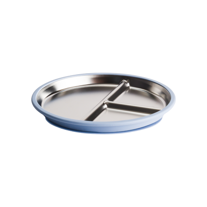 A round stainless steel divided baby plate with a light blue silicone suction base, shown on a solid white background.