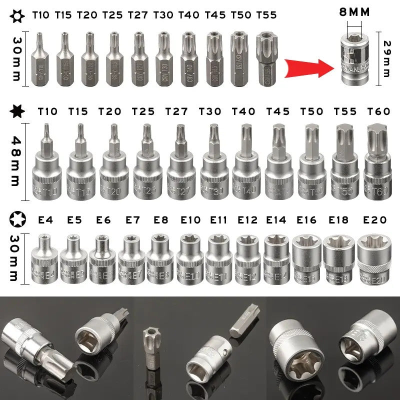 34X E Torx Socket Set Female Start Bit External Hex Torque Tool Garage Car 3/8"