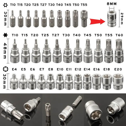 34X E Torx Socket Set Female Start Bit External Hex Torque Tool Garage Car 3/8"